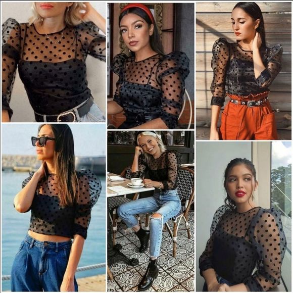 COPY - Zara Black Organza Polka Dot Crop Blouse NWT - Picture 7 of 14